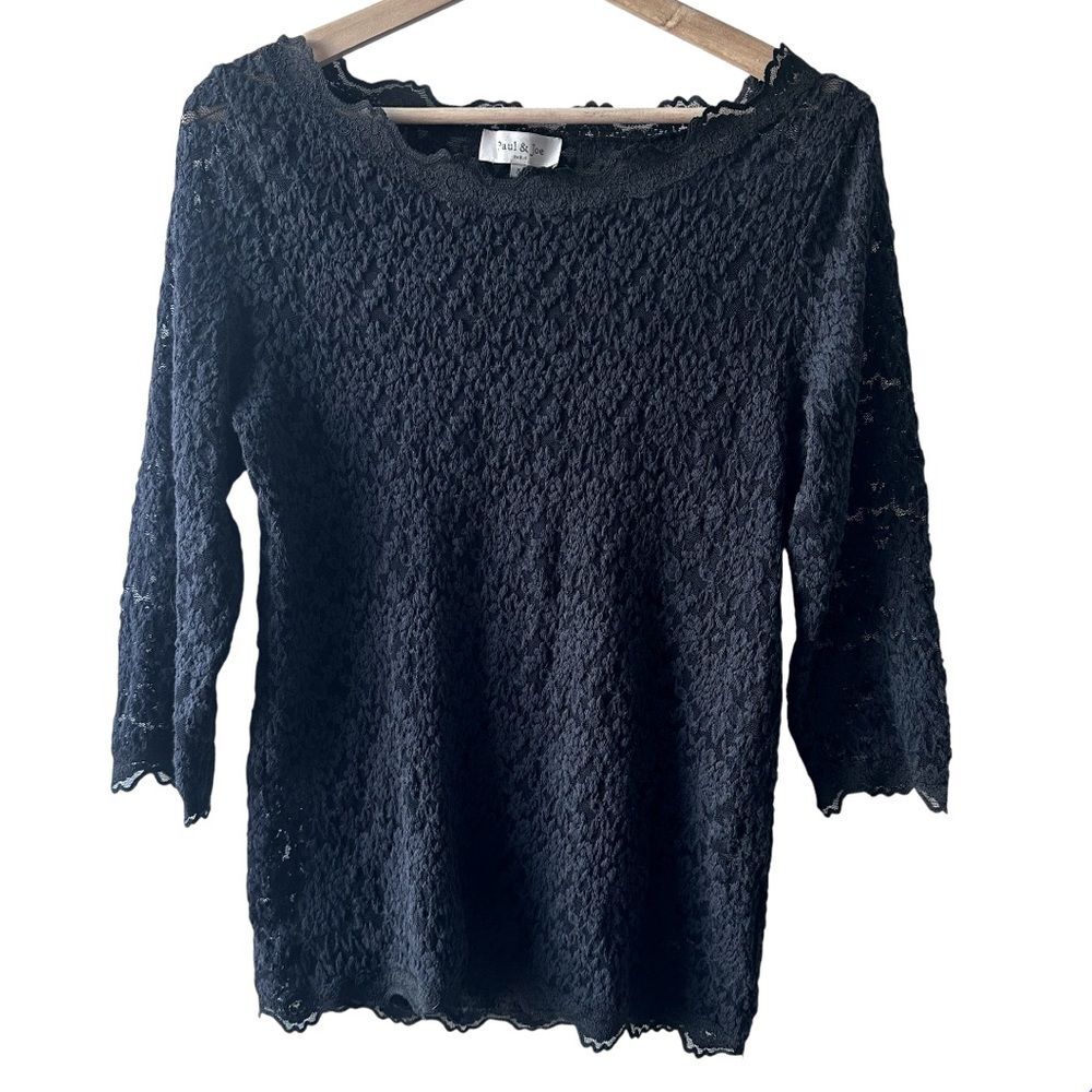 Paul & Joe Paris Black Lace Top Size 4 Sheer Mesh Feminine Quiet Luxury Designer
